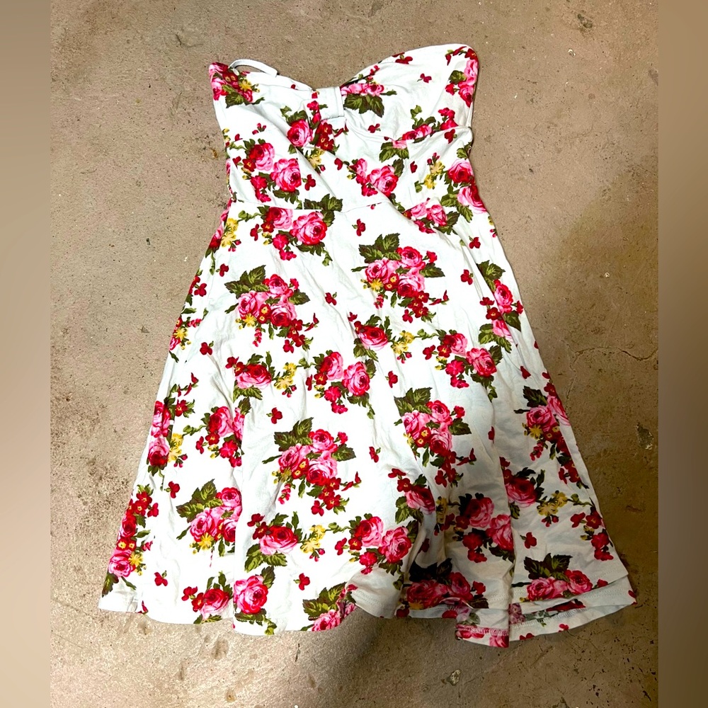 Small white strapless floral print dress